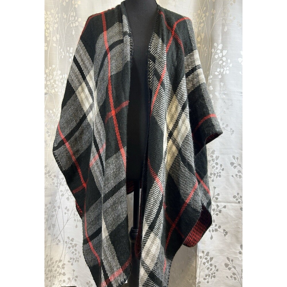 Wrap Shawl Poncho Plaid Reversible Black White Red Warm Cozy Cabin